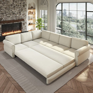 English Elm 118 Inch Chenille Sectional Sleeper Sofa with Nailhead Rolled Arms Six Seat Living Room W1885S00257