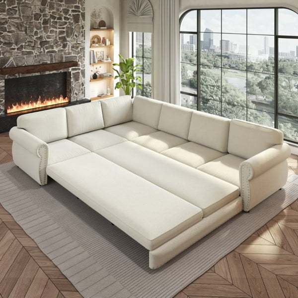English Elm 118 Inch Chenille Sectional Sleeper Sofa with Nailhead Rolled Arms Six Seat Living Room W1885S00257
