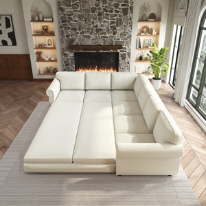 English Elm 118 Inch Chenille Sectional Sleeper Sofa with Nailhead Rolled Arms Six Seat Living Room W1885S00257