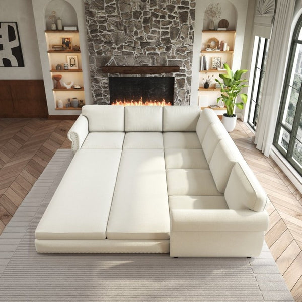 English Elm 118 Inch Chenille Sectional Sleeper Sofa with Nailhead Rolled Arms Six Seat Living Room W1885S00257