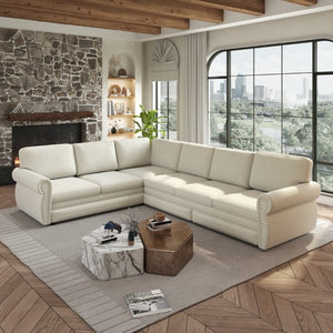 English Elm 118 Inch Chenille Sectional Sleeper Sofa with Nailhead Rolled Arms Six Seat Living Room W1885S00257