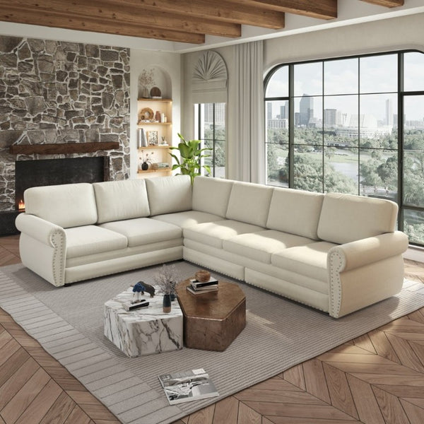 English Elm 118 Inch Chenille Sectional Sleeper Sofa with Nailhead Rolled Arms Six Seat Living Room W1885S00257