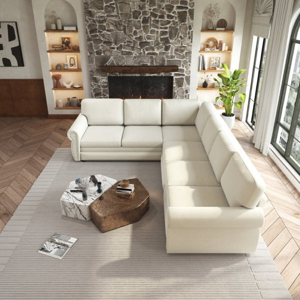 English Elm 118 Inch Chenille Sectional Sleeper Sofa with Nailhead Rolled Arms Six Seat Living Room W1885S00257