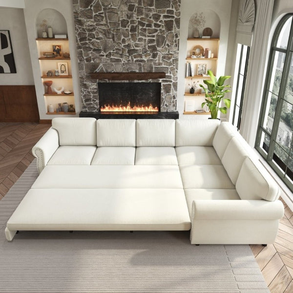 English Elm 118 Inch Chenille Sectional Sleeper Sofa with Nailhead Rolled Arms Six Seat Living Room W1885S00257