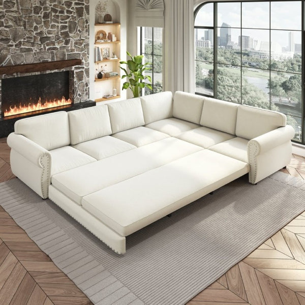 English Elm 118 Inch Chenille Sectional Sleeper Sofa with Nailhead Rolled Arms Six Seat Living Room W1885S00257