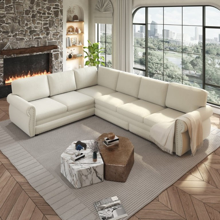 English Elm 118 Inch Chenille Sectional Sleeper Sofa with Nailhead Rolled Arms Six Seat Living Room W1885S00257
