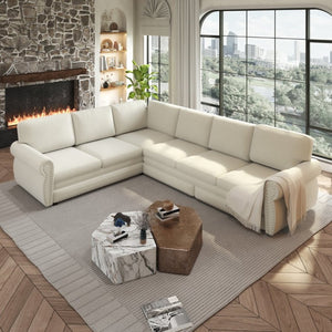 English Elm 118 Inch Chenille Sectional Sleeper Sofa with Nailhead Rolled Arms Six Seat Living Room W1885S00257