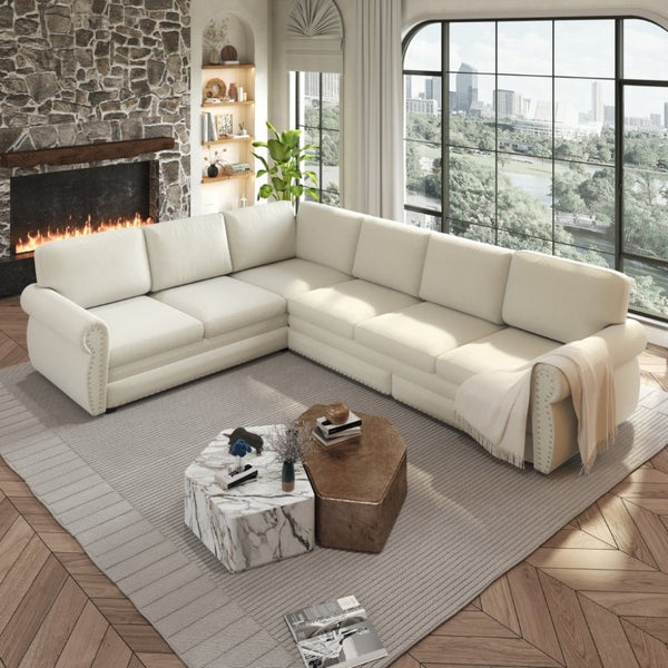 English Elm 118 Inch Chenille Sectional Sleeper Sofa with Nailhead Rolled Arms Six Seat Living Room W1885S00257