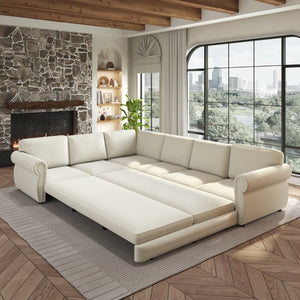 English Elm 118 Inch Chenille Sectional Sleeper Sofa with Nailhead Rolled Arms Six Seat Living Room W1885S00257