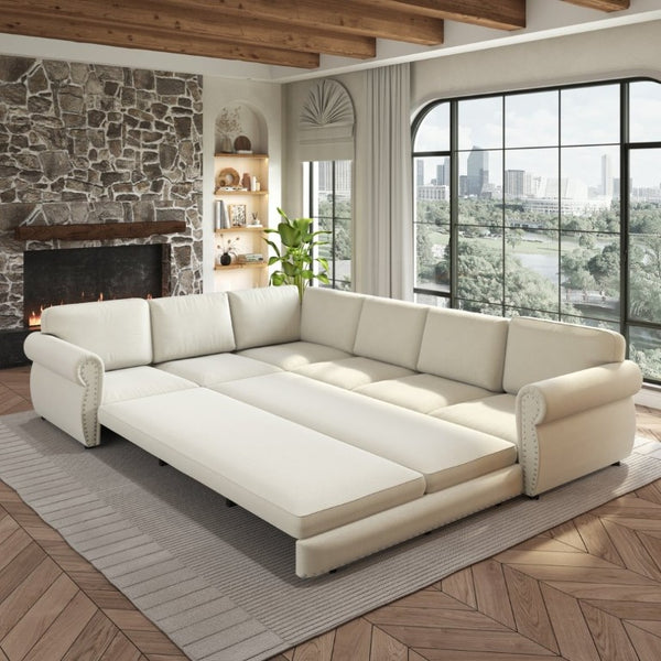 English Elm 118 Inch Chenille Sectional Sleeper Sofa with Nailhead Rolled Arms Six Seat Living Room W1885S00257
