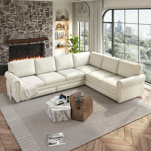 English Elm 118 Inch Chenille Sectional Sleeper Sofa with Nailhead Rolled Arms Six Seat Living Room W1885S00257