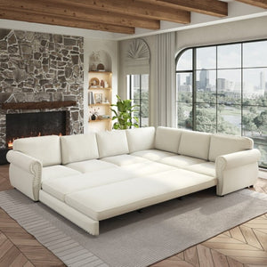English Elm 118 Inch Chenille Sectional Sleeper Sofa with Nailhead Rolled Arms Six Seat Living Room W1885S00257