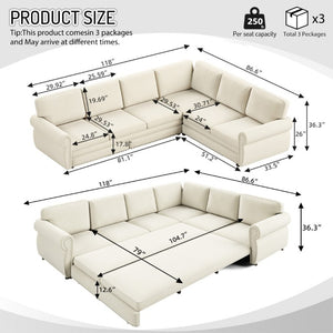 English Elm 118 Inch Chenille Sectional Sleeper Sofa with Nailhead Rolled Arms Six Seat Living Room W1885S00257