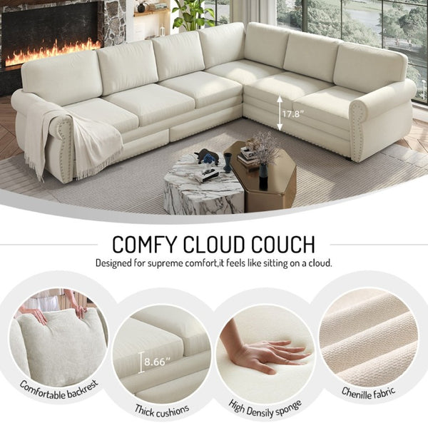 English Elm 118 Inch Chenille Sectional Sleeper Sofa with Nailhead Rolled Arms Six Seat Living Room W1885S00257