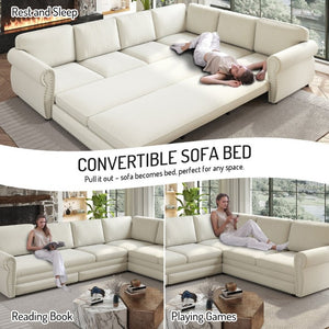 English Elm 118 Inch Chenille Sectional Sleeper Sofa with Nailhead Rolled Arms Six Seat Living Room W1885S00257