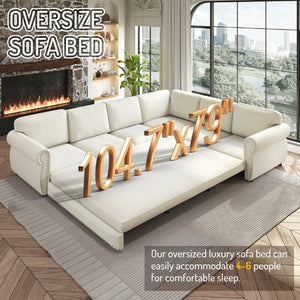 English Elm 118 Inch Chenille Sectional Sleeper Sofa with Nailhead Rolled Arms Six Seat Living Room W1885S00257