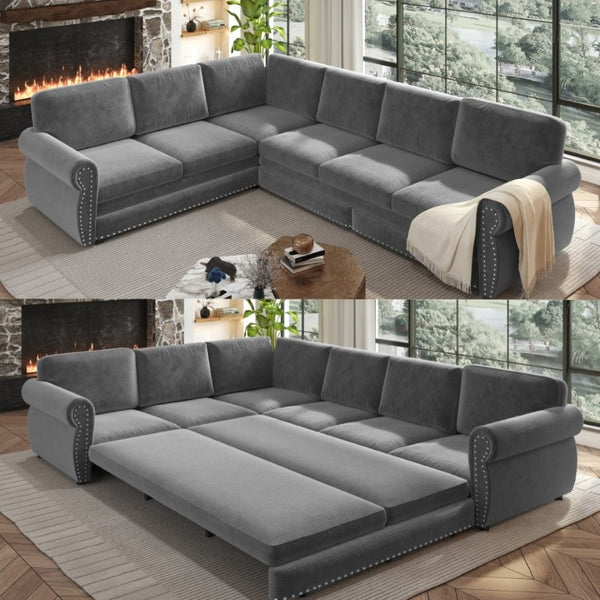 English Elm 118 Inch Chenille Sectional Sleeper Sofa with King Pull Out Bed and Nailhead Trim W1885S00258