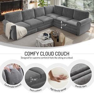 English Elm 118 Inch Chenille Sectional Sleeper Sofa with King Pull Out Bed and Nailhead Trim W1885S00258