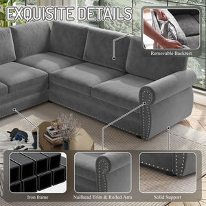 English Elm 118 Inch Chenille Sectional Sleeper Sofa with King Pull Out Bed and Nailhead Trim W1885S00258