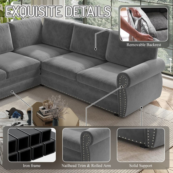 English Elm 118 Inch Chenille Sectional Sleeper Sofa with King Pull Out Bed and Nailhead Trim W1885S00258