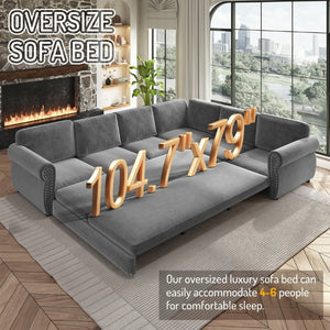 English Elm 118 Inch Chenille Sectional Sleeper Sofa with King Pull Out Bed and Nailhead Trim W1885S00258