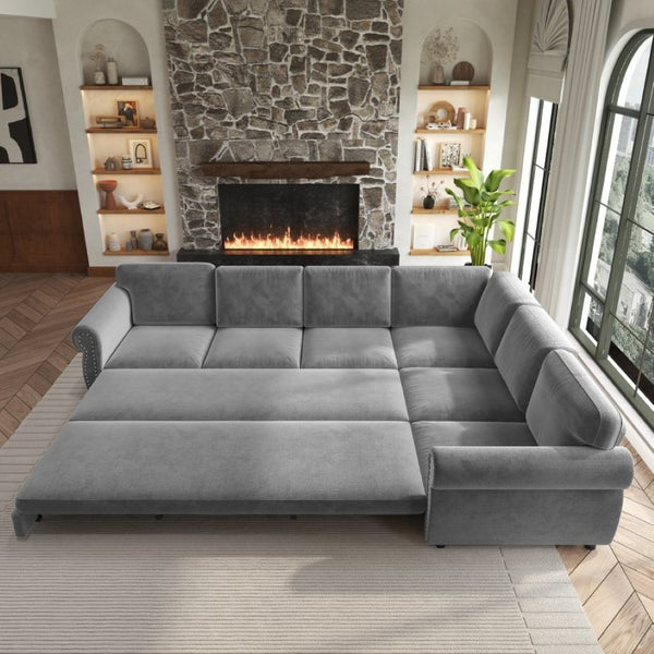 English Elm 118 Inch Chenille Sectional Sleeper Sofa with King Pull Out Bed and Nailhead Trim W1885S00258