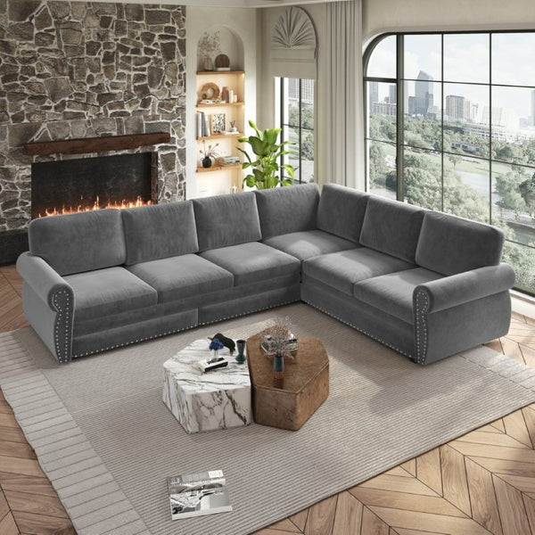English Elm 118 Inch Chenille Sectional Sleeper Sofa with King Pull Out Bed and Nailhead Trim W1885S00258