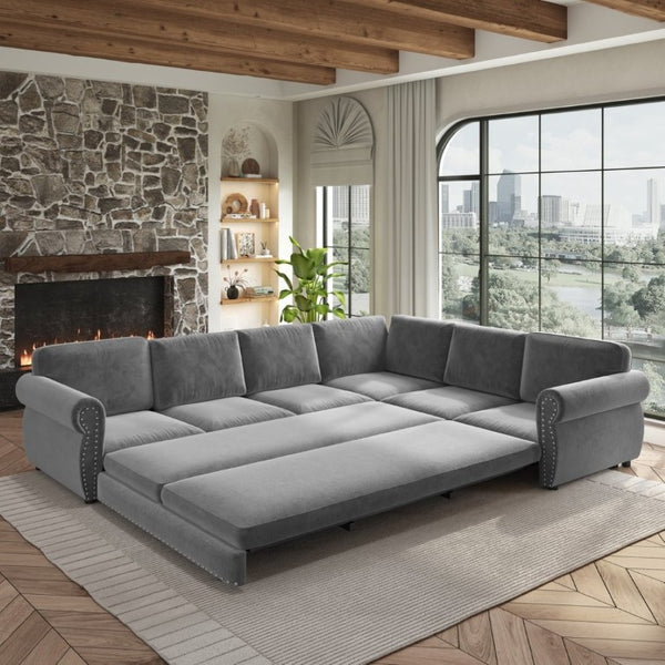 English Elm 118 Inch Chenille Sectional Sleeper Sofa with King Pull Out Bed and Nailhead Trim W1885S00258