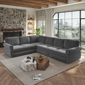 English Elm 118 Inch Chenille Sectional Sleeper Sofa with King Pull Out Bed and Nailhead Trim W1885S00258