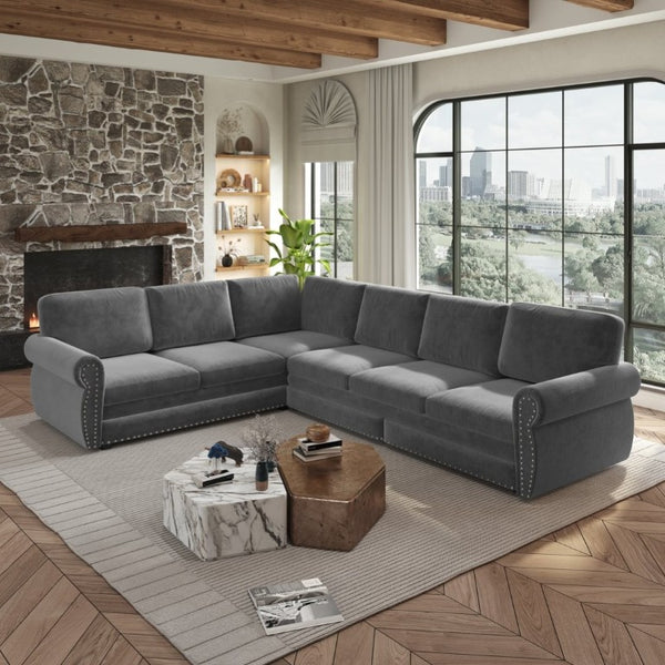 English Elm 118 Inch Chenille Sectional Sleeper Sofa with King Pull Out Bed and Nailhead Trim W1885S00258