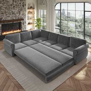 English Elm 118 Inch Chenille Sectional Sleeper Sofa with King Pull Out Bed and Nailhead Trim W1885S00258