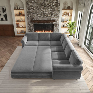 English Elm 118 Inch Chenille Sectional Sleeper Sofa with King Pull Out Bed and Nailhead Trim W1885S00258