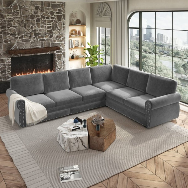 English Elm 118 Inch Chenille Sectional Sleeper Sofa with King Pull Out Bed and Nailhead Trim W1885S00258