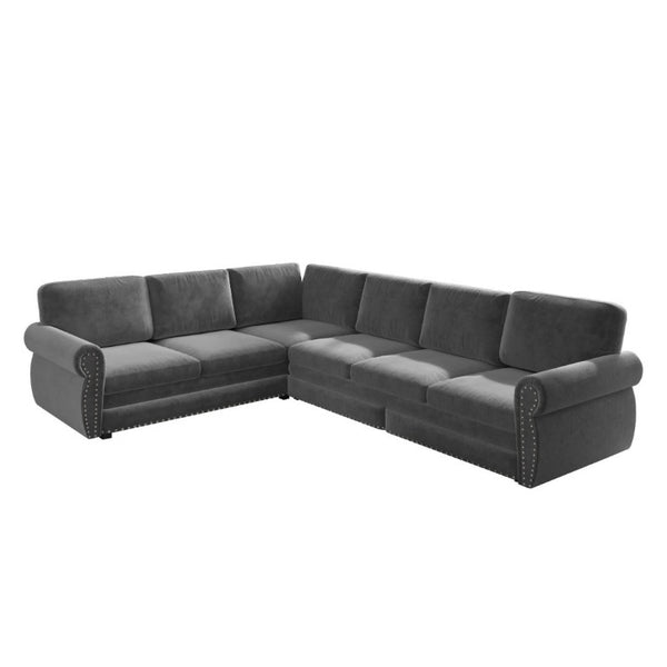 English Elm 118 Inch Chenille Sectional Sleeper Sofa with King Pull Out Bed and Nailhead Trim W1885S00258
