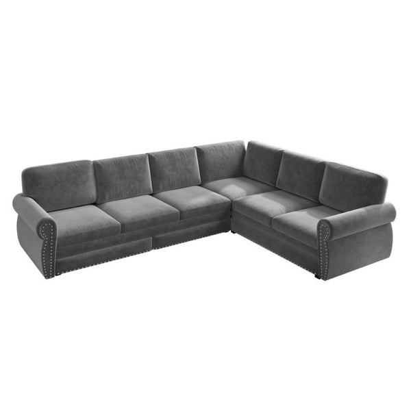 English Elm 118 Inch Chenille Sectional Sleeper Sofa with King Pull Out Bed and Nailhead Trim W1885S00258