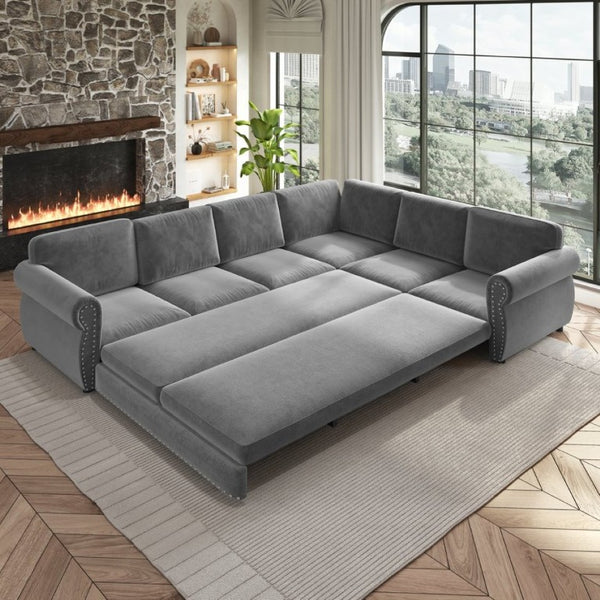 English Elm 118 Inch Chenille Sectional Sleeper Sofa with King Pull Out Bed and Nailhead Trim W1885S00258
