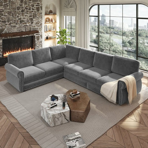 English Elm 118 Inch Chenille Sectional Sleeper Sofa with King Pull Out Bed and Nailhead Trim W1885S00258