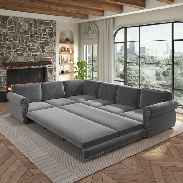 English Elm 118 Inch Chenille Sectional Sleeper Sofa with King Pull Out Bed and Nailhead Trim W1885S00258