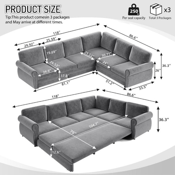 English Elm 118 Inch Chenille Sectional Sleeper Sofa with King Pull Out Bed and Nailhead Trim W1885S00258