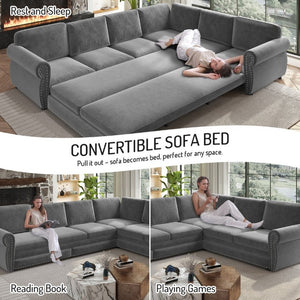 English Elm 118 Inch Chenille Sectional Sleeper Sofa with King Pull Out Bed and Nailhead Trim W1885S00258