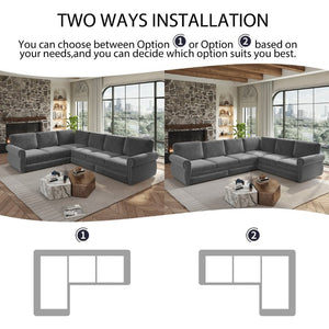 English Elm 118 Inch Chenille Sectional Sleeper Sofa with King Pull Out Bed and Nailhead Trim W1885S00258