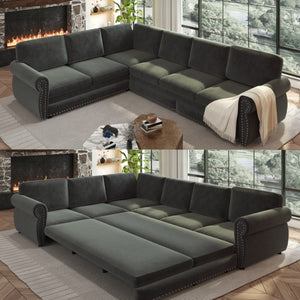 English Elm 118 Inch Chenille Sectional Sleeper Sofa with Nailhead Trim and Rolled Arms for Living Room W1885S00259