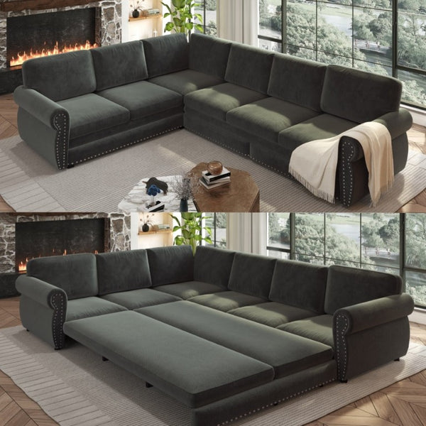 English Elm 118 Inch Chenille Sectional Sleeper Sofa with Nailhead Trim and Rolled Arms for Living Room W1885S00259