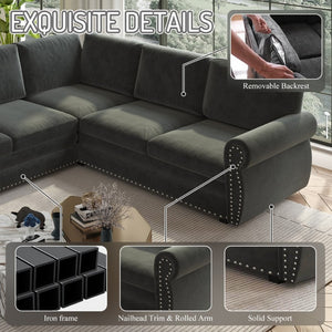 English Elm 118 Inch Chenille Sectional Sleeper Sofa with Nailhead Trim and Rolled Arms for Living Room W1885S00259