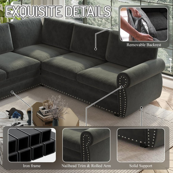 English Elm 118 Inch Chenille Sectional Sleeper Sofa with Nailhead Trim and Rolled Arms for Living Room W1885S00259