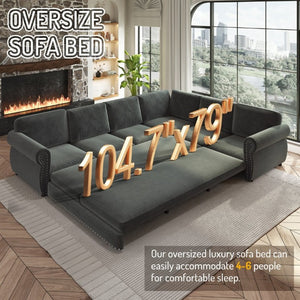 English Elm 118 Inch Chenille Sectional Sleeper Sofa with Nailhead Trim and Rolled Arms for Living Room W1885S00259