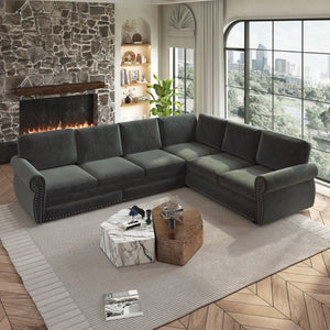 English Elm 118 Inch Chenille Sectional Sleeper Sofa with Nailhead Trim and Rolled Arms for Living Room W1885S00259