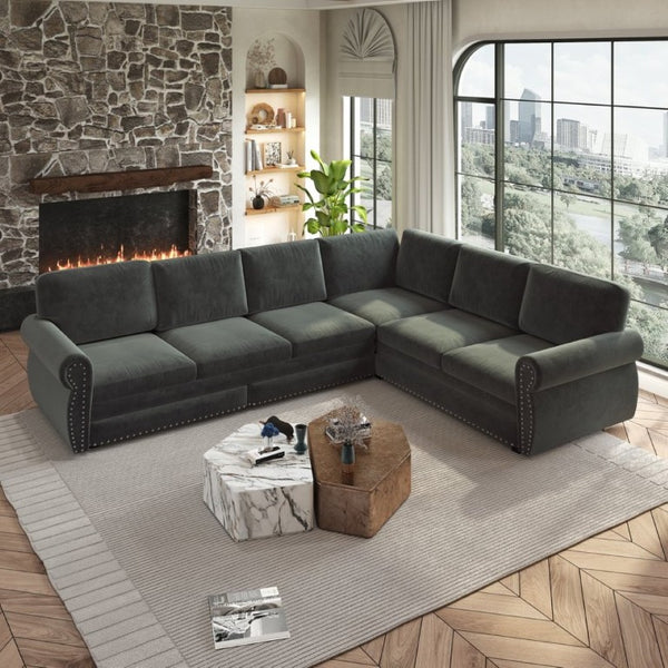 English Elm 118 Inch Chenille Sectional Sleeper Sofa with Nailhead Trim and Rolled Arms for Living Room W1885S00259