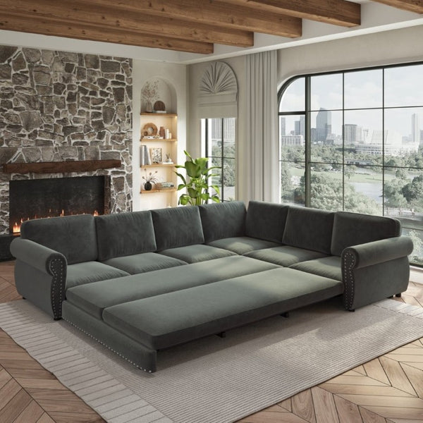 English Elm 118 Inch Chenille Sectional Sleeper Sofa with Nailhead Trim and Rolled Arms for Living Room W1885S00259