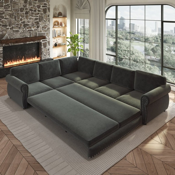 English Elm 118 Inch Chenille Sectional Sleeper Sofa with Nailhead Trim and Rolled Arms for Living Room W1885S00259